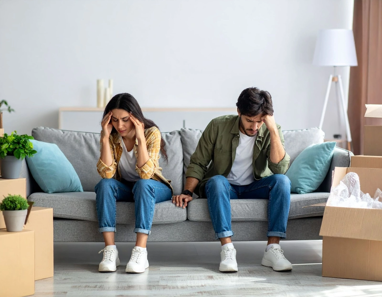 新裝潢客廳中，住戶坐在沙發上揉眼睛與鼻子