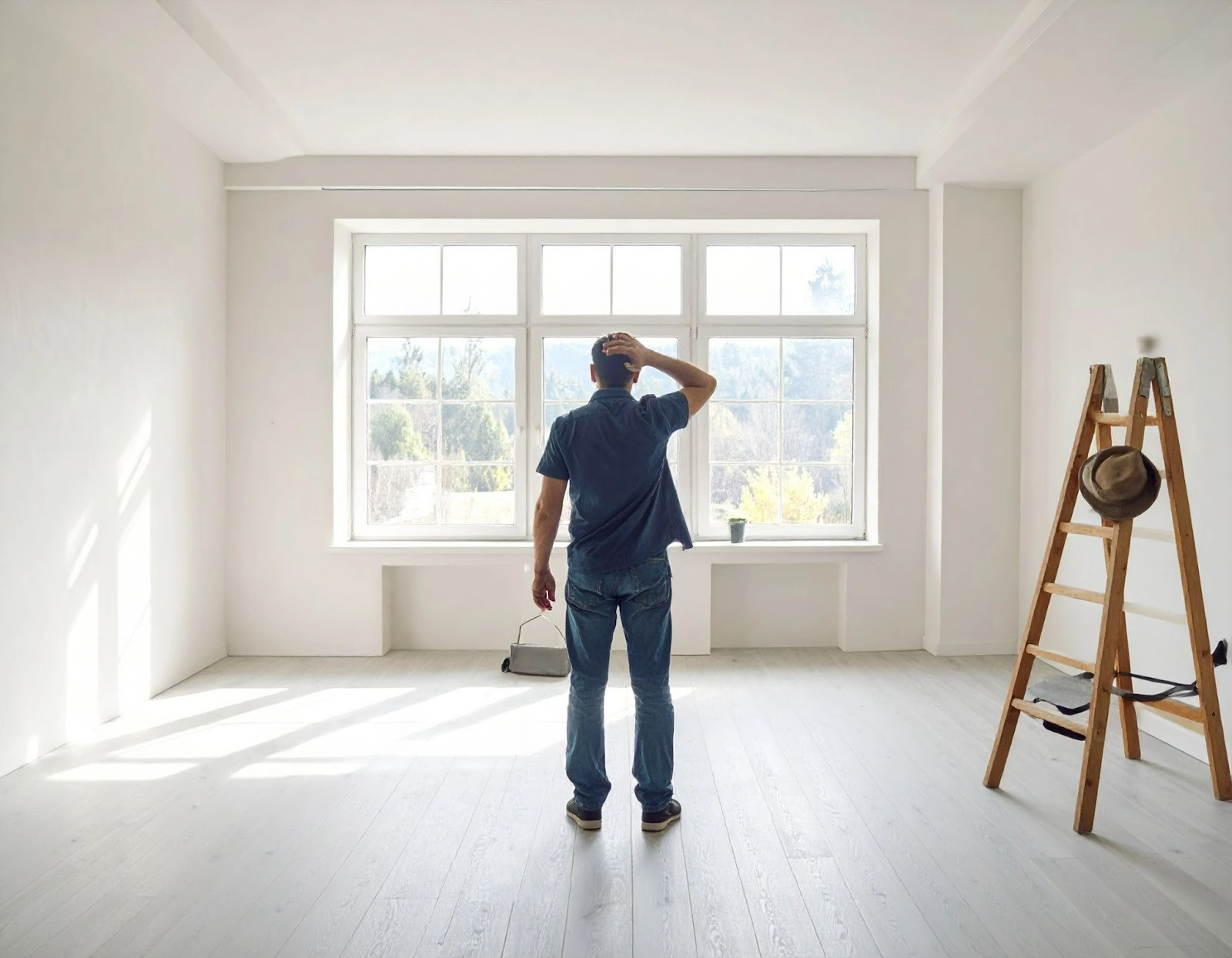 屋主站在剛裝潢完的房間掩著頭，空氣瀰漫油漆與新家具氣味