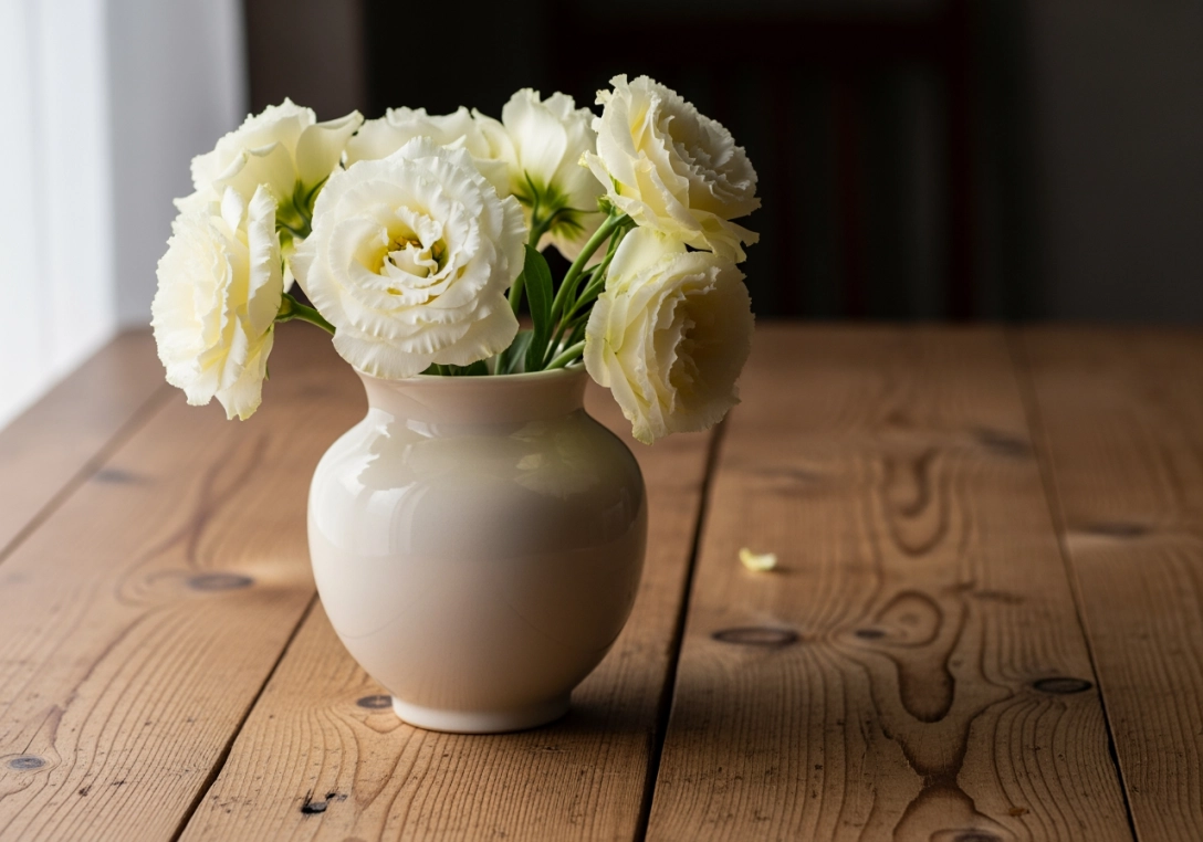 奶油色花瓶放在木頭桌上