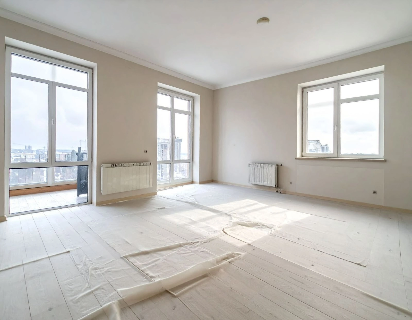 尚未裝修的屋內地板鋪上保護層