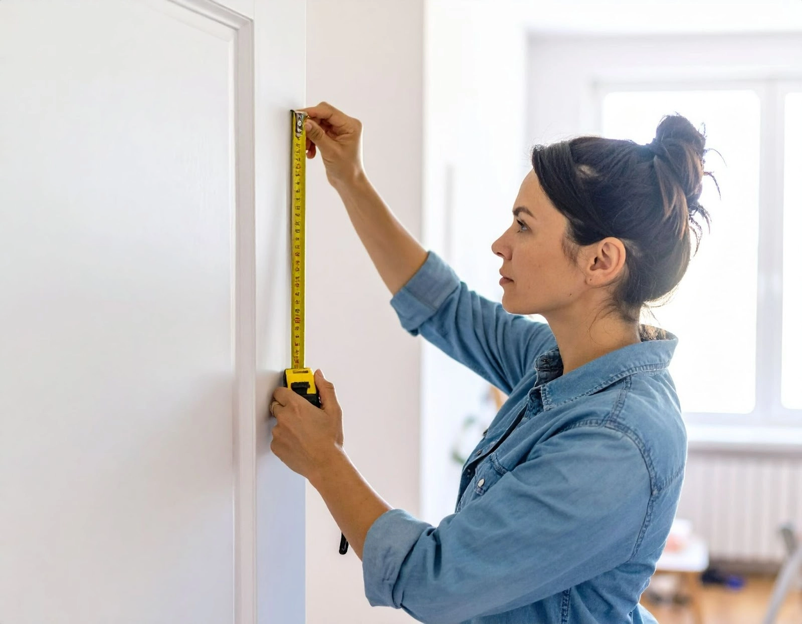 室內設計師測量門框長度,眼睛盯著門板