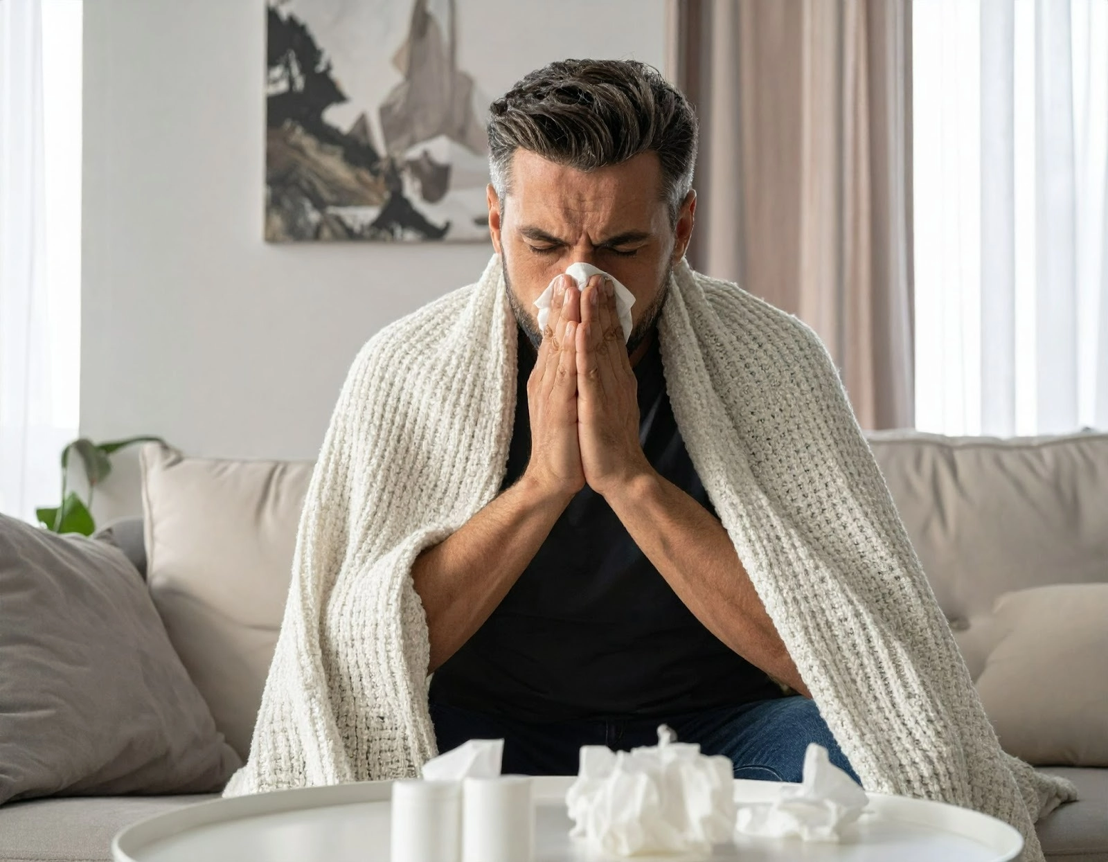 男子坐在自家客廳摀著鼻子打噴嚏