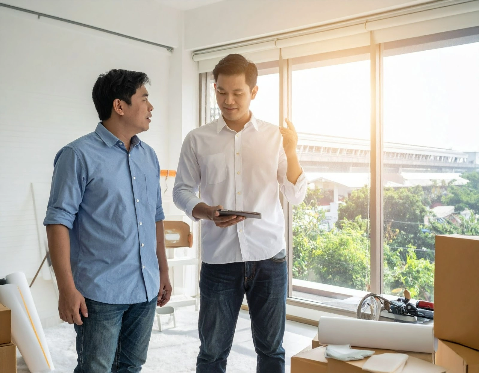 設計師與屋主站在客廳中討論牆面與氣味問題，陽光灑落