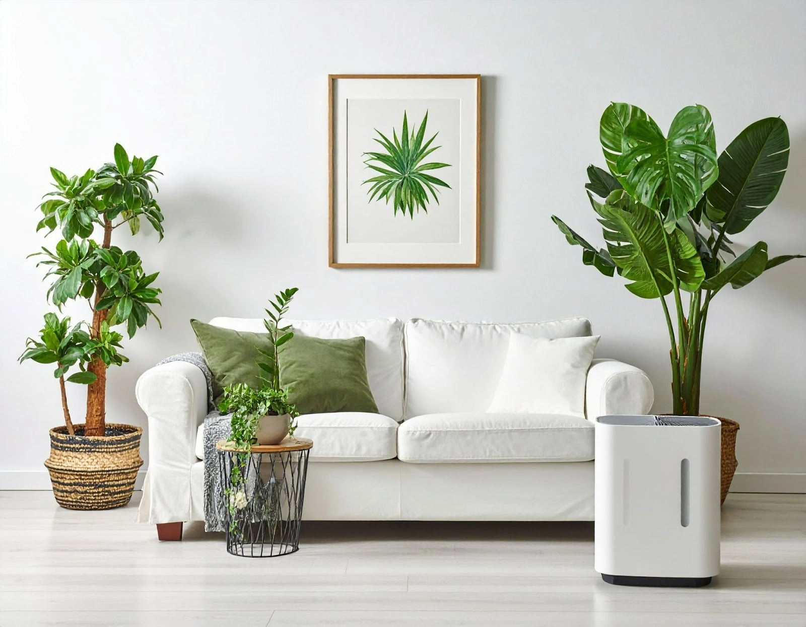 白色簡約客廳中放置盆栽與空氣清淨機，象徵綠裝修與健康居住理念