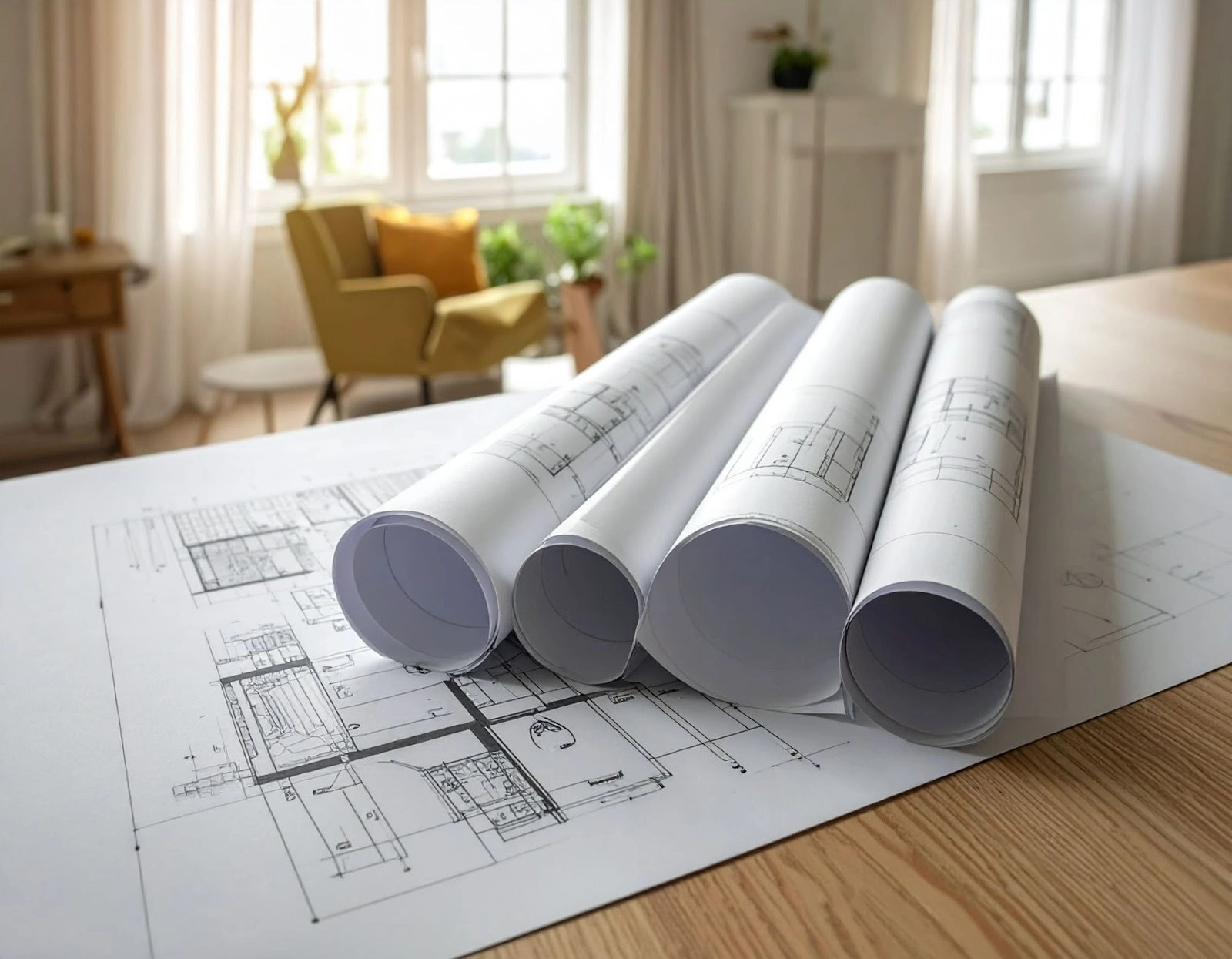 桌上放著捲起的裝修設計圖