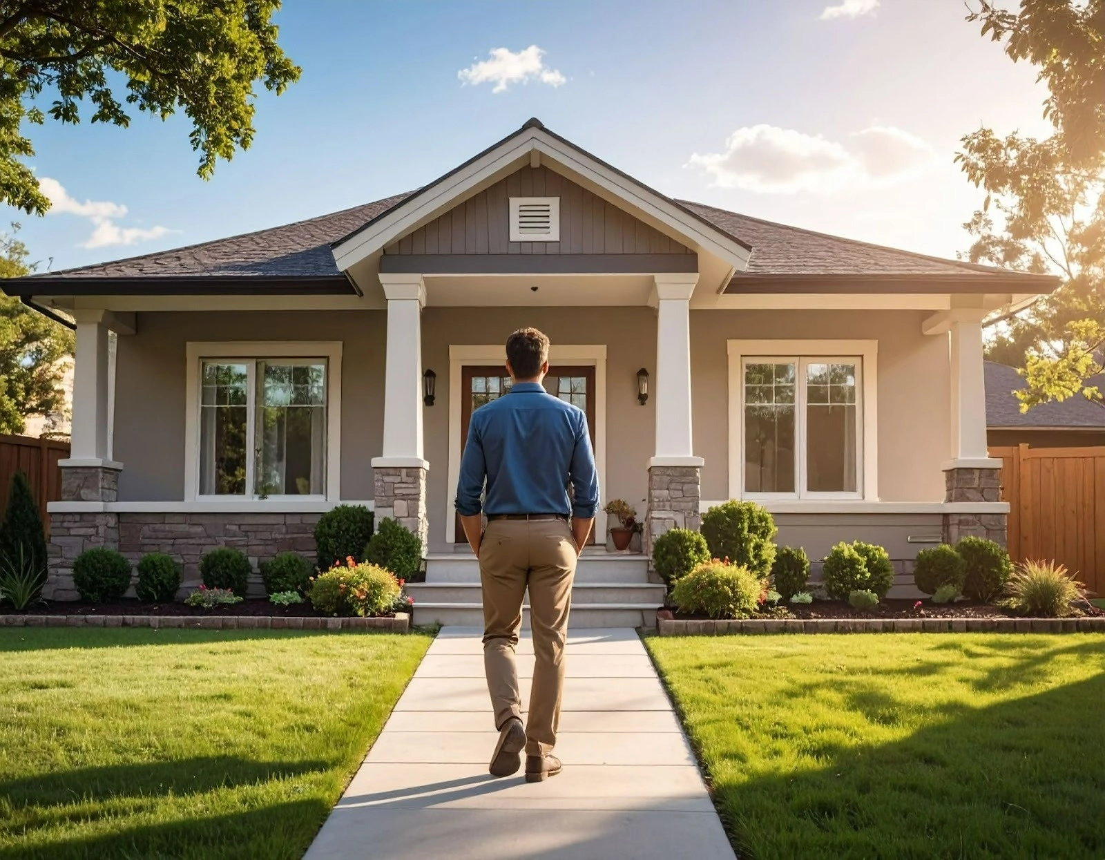 男子站在新家外,看著即將入住的新家