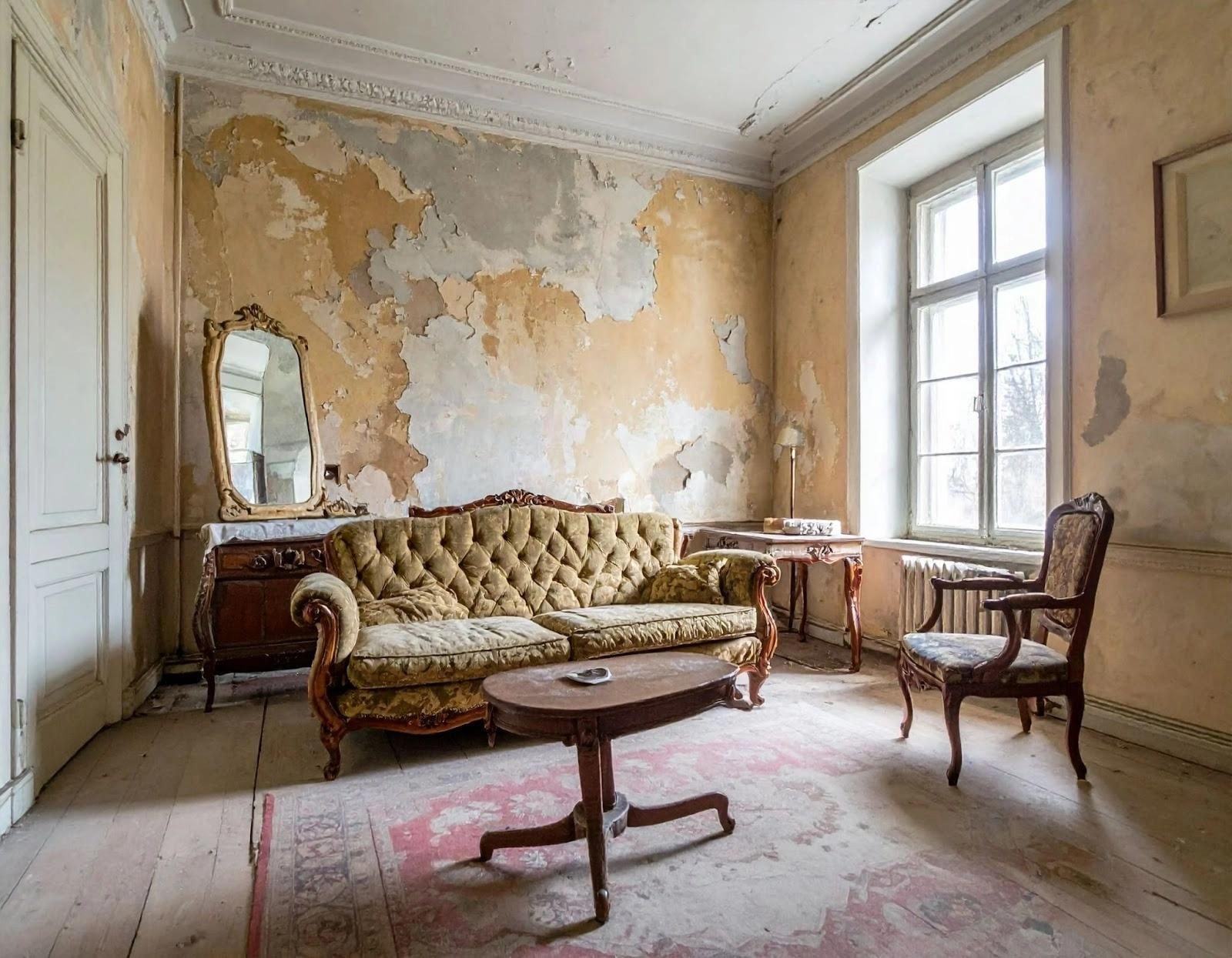 翻修前的舊屋客廳，油漆斑駁、家具老舊